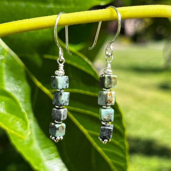 Stacked Square Turquoise Beads and Sterling Dangle Earrings - Picture 1 of 4